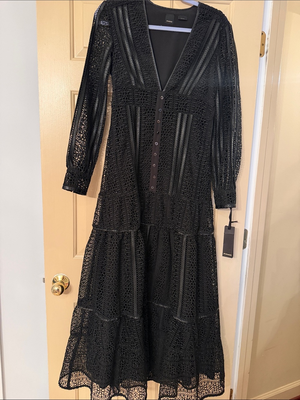 Pinko Black Lace Tiered Button-Front V-Neck Maxi Dress with Leather Trim.